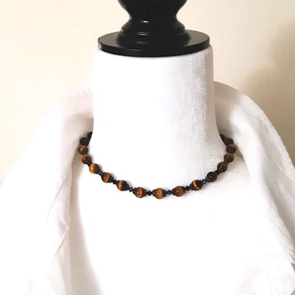 Handmade Tiger Eyes Beaded Necklace +Crystals 🇨🇦 - Picture 2 of 7
